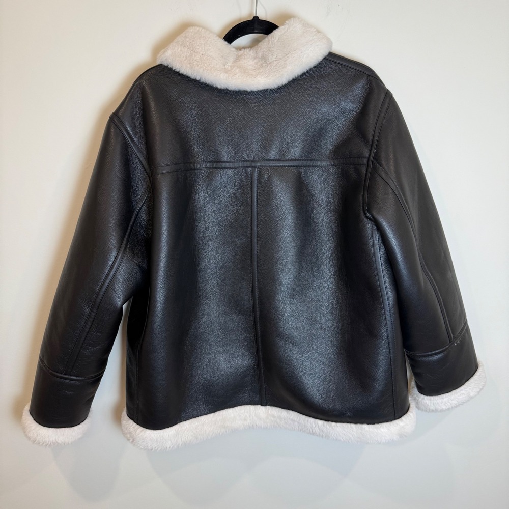 Joie Faux Fur Lined Black Faux Leather Aviator Moto Jacket XL - Picture 3 of 10